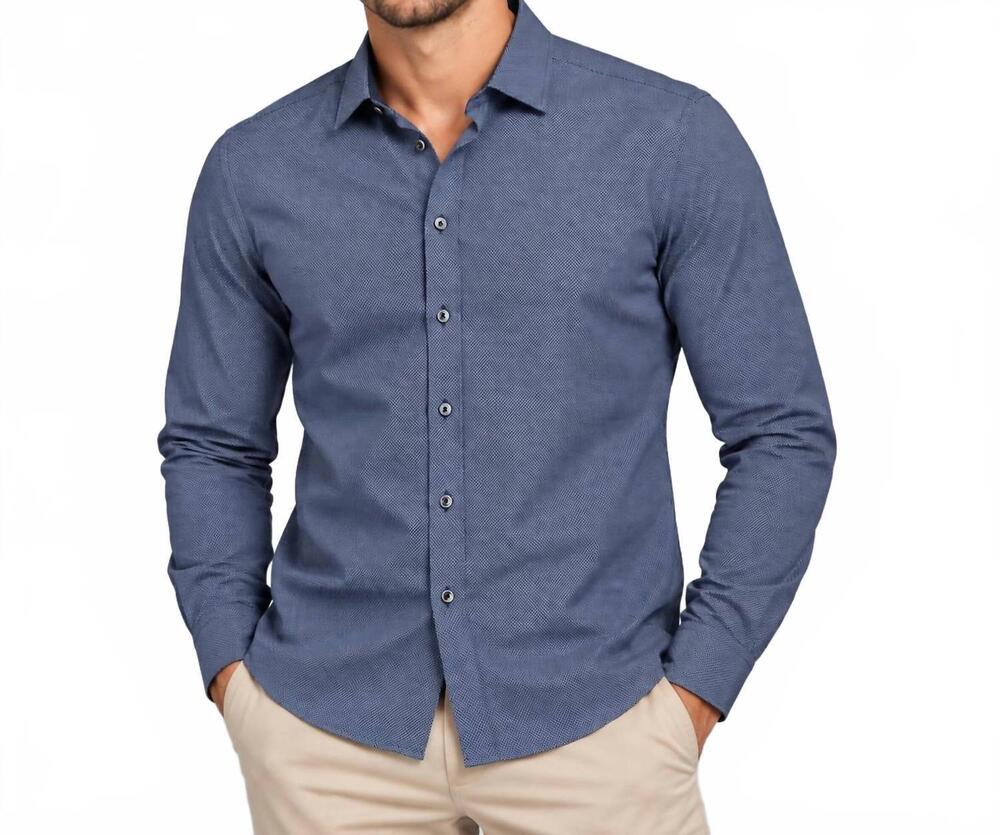 NEW RON TOMSON tailored fit long sleeve button up in navy micro print